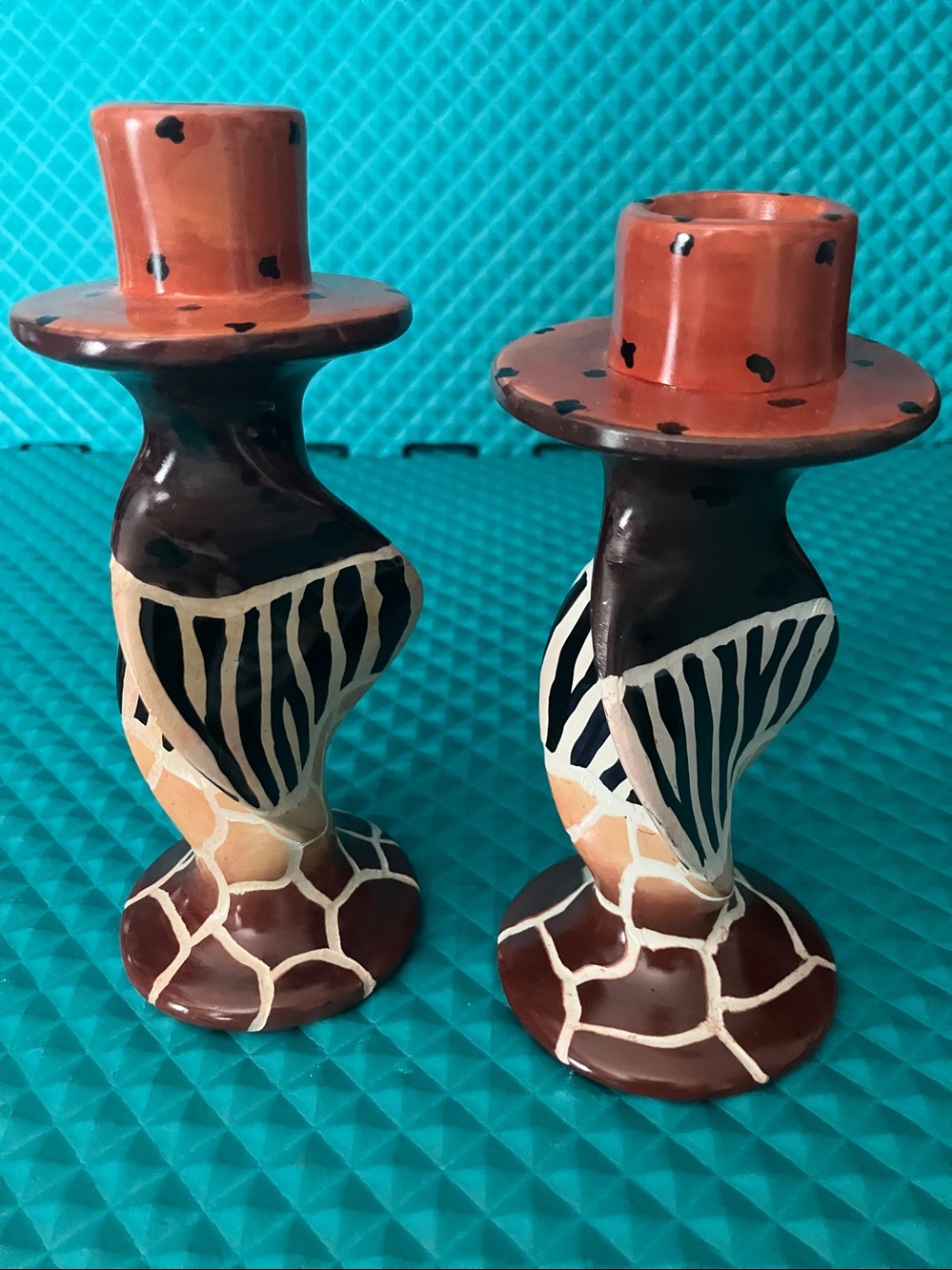 Set of Two Handmade Animal Stripes on Bold Twists Soapstone Candleholders